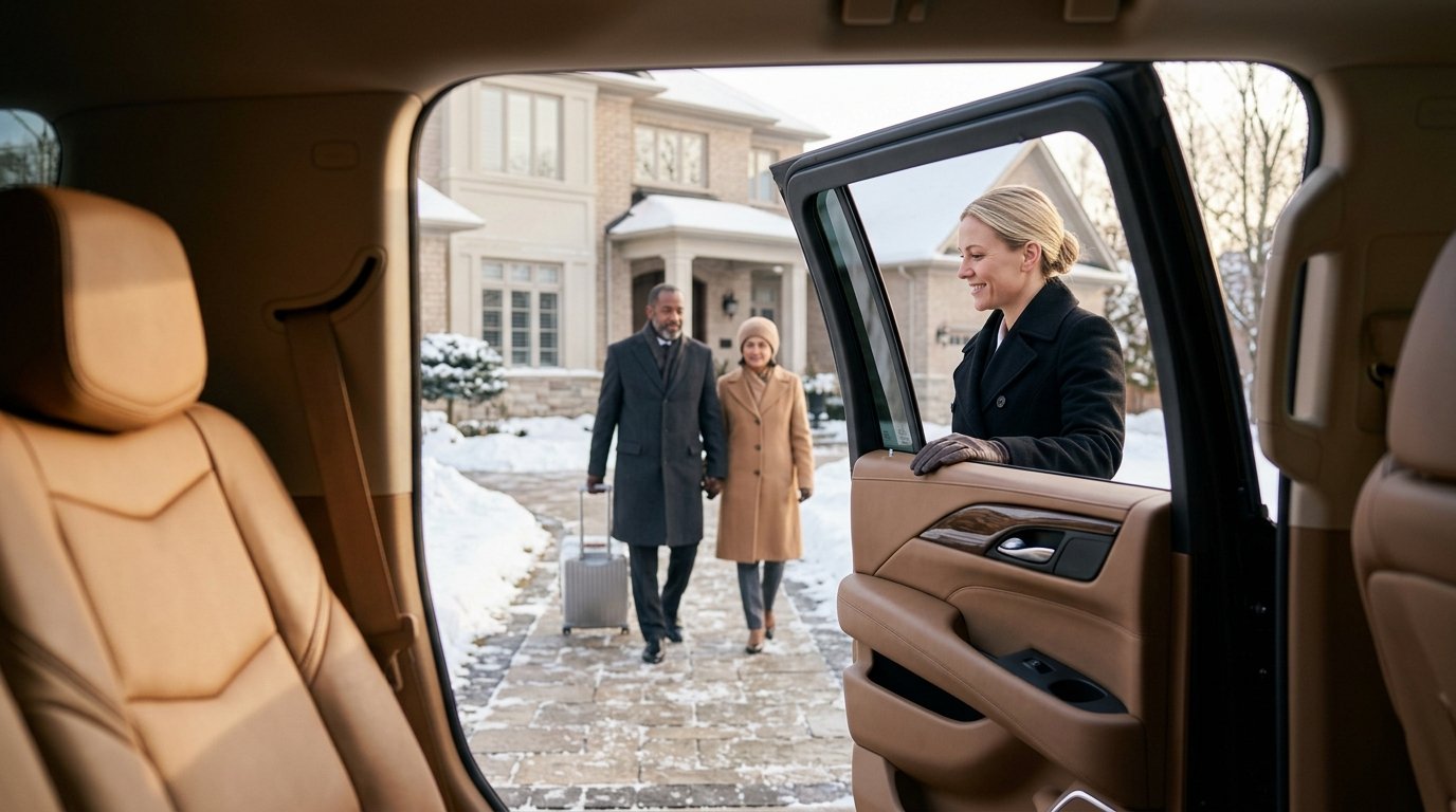 Executive passenger being escorted into a luxury SUV for the best Whitby to Pearson airport limousine transfer.