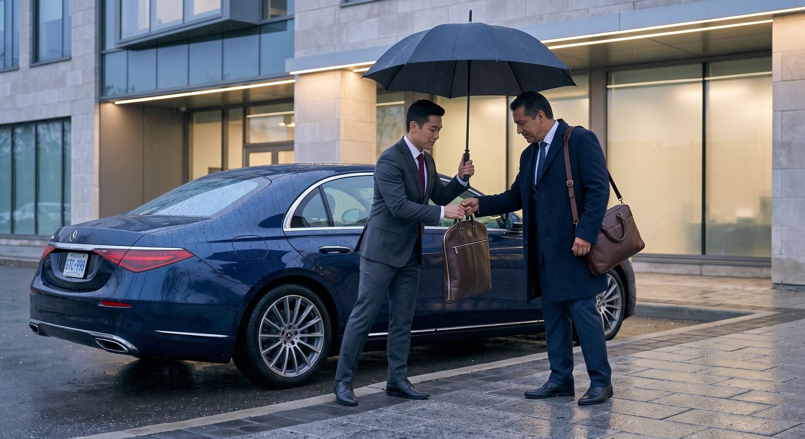 Chauffeur greeting a passenger beside an executive vehicle for an affordable Whitby to Pearson airport limousine transfer.