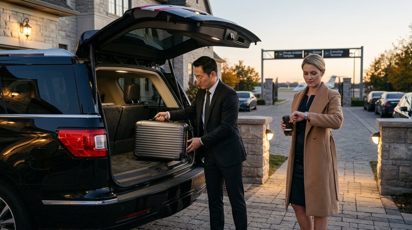 Professional chauffeur loading luggage into an executive SUV for a Durham Region airport limo transfer.