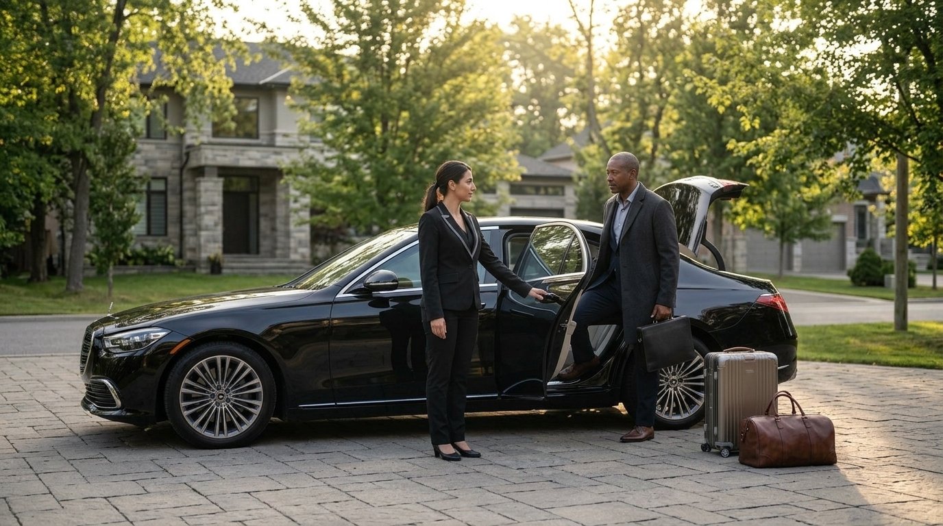 Executive passenger boarding a luxury saloon after booking a Durham Region airport limo transfer.