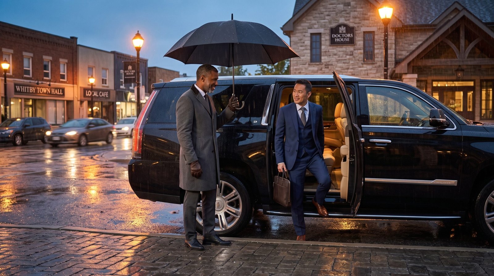Professional chauffeur holding an umbrella for a passenger boarding a black luxury vehicle when they book Whitby to Pearson airport limousine travel.