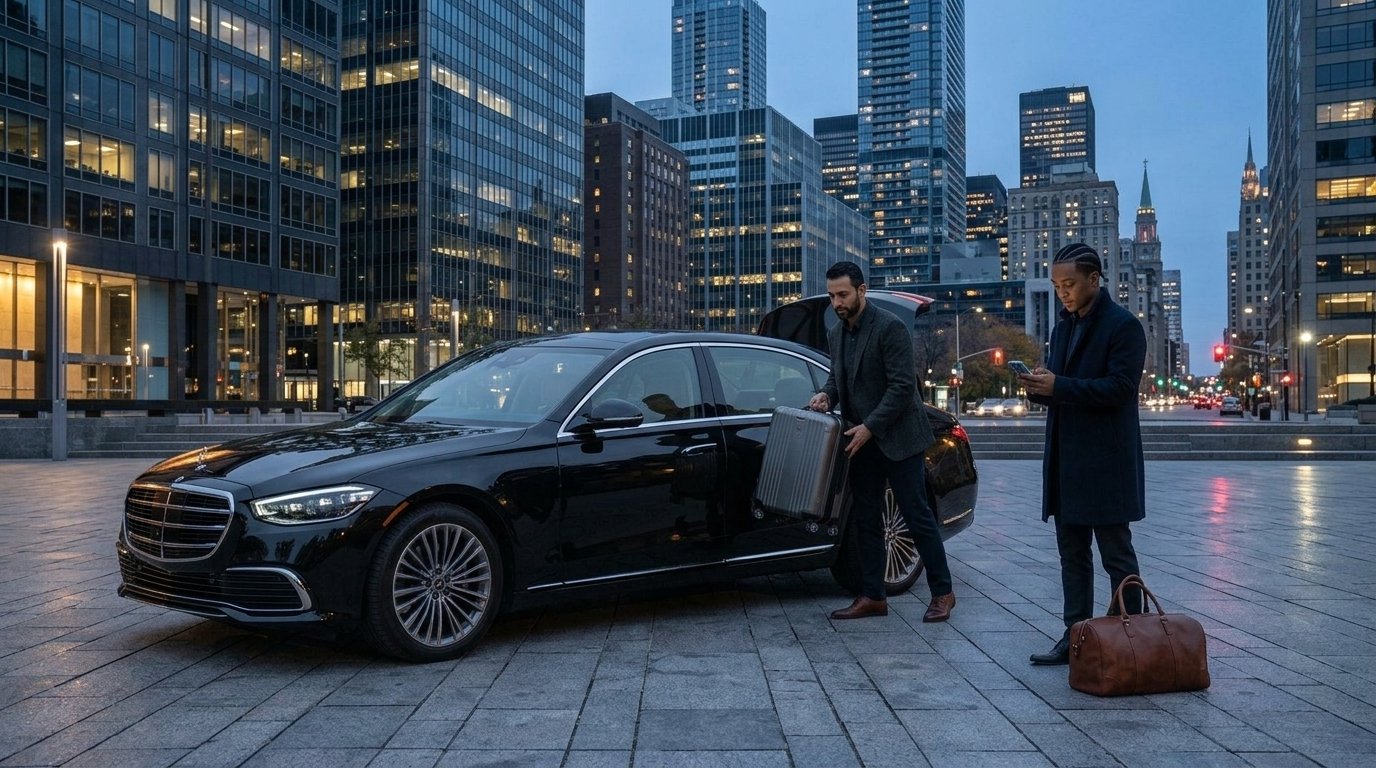 Professional chauffeur loading luggage for a Durham Region airport limo service transfer at dawn.