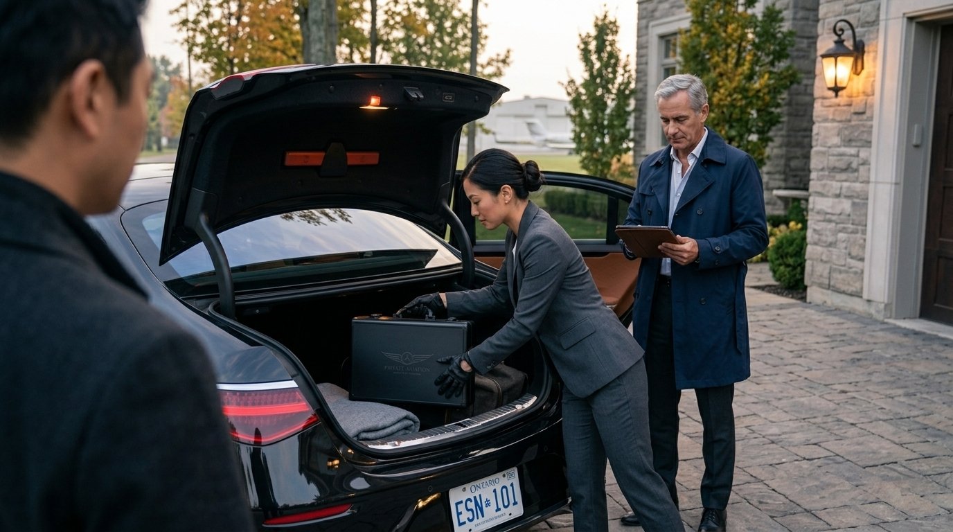 Executive passenger settling luggage into a Durham Region airport limo outside a luxury home.