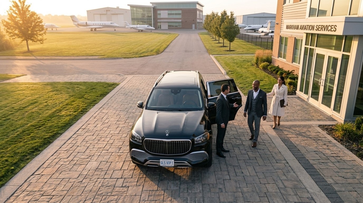 Executive passenger settling luggage into a Durham Region airport limo outside a luxury home.