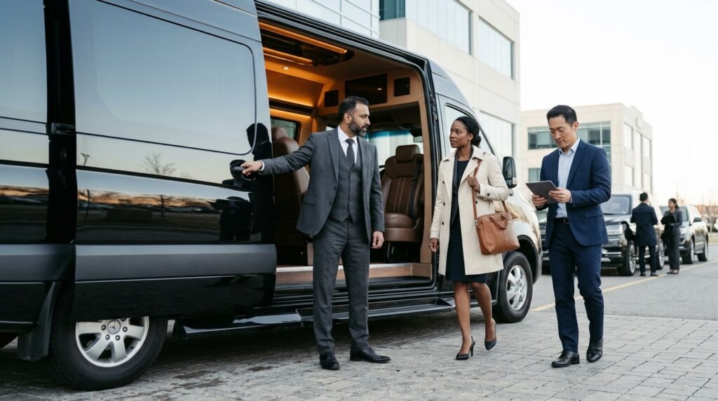Executive business travellers boarding an executive sprinter when choosing a Durham Region airport limo.