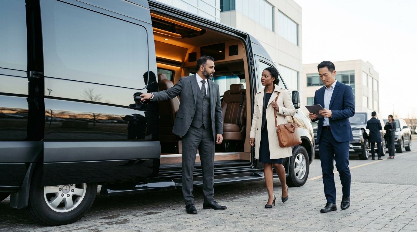 Executive business travellers boarding an executive sprinter when choosing a Durham Region airport limo.