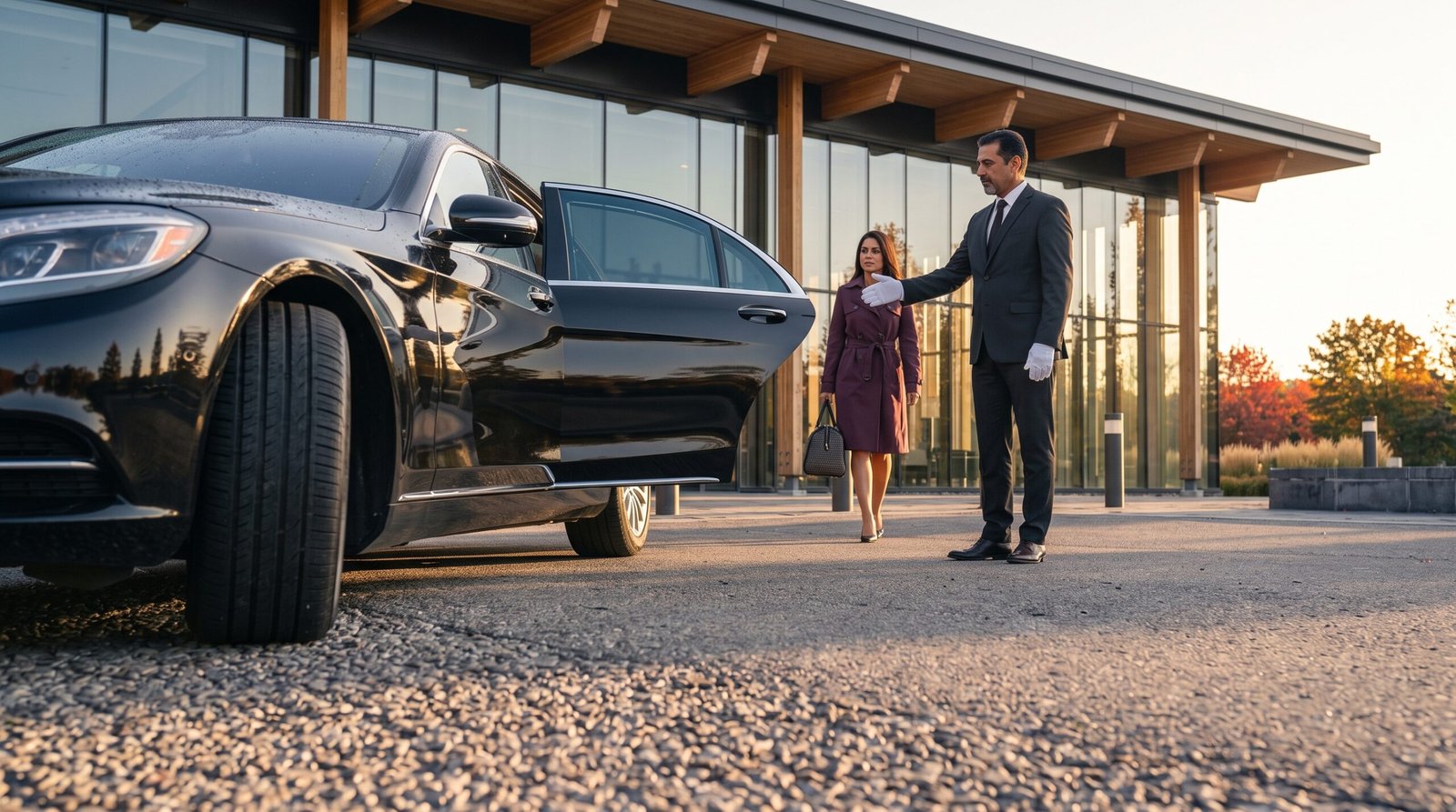 Professional chauffeur opening the rear passenger door of a luxury black saloon to hire Whitby to Pearson airport limousine service.
