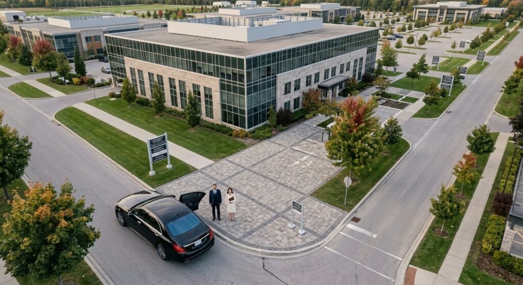 Chauffeur greeting a passenger boarding a vehicle for a luxury Whitby to Pearson airport limousine transfer.