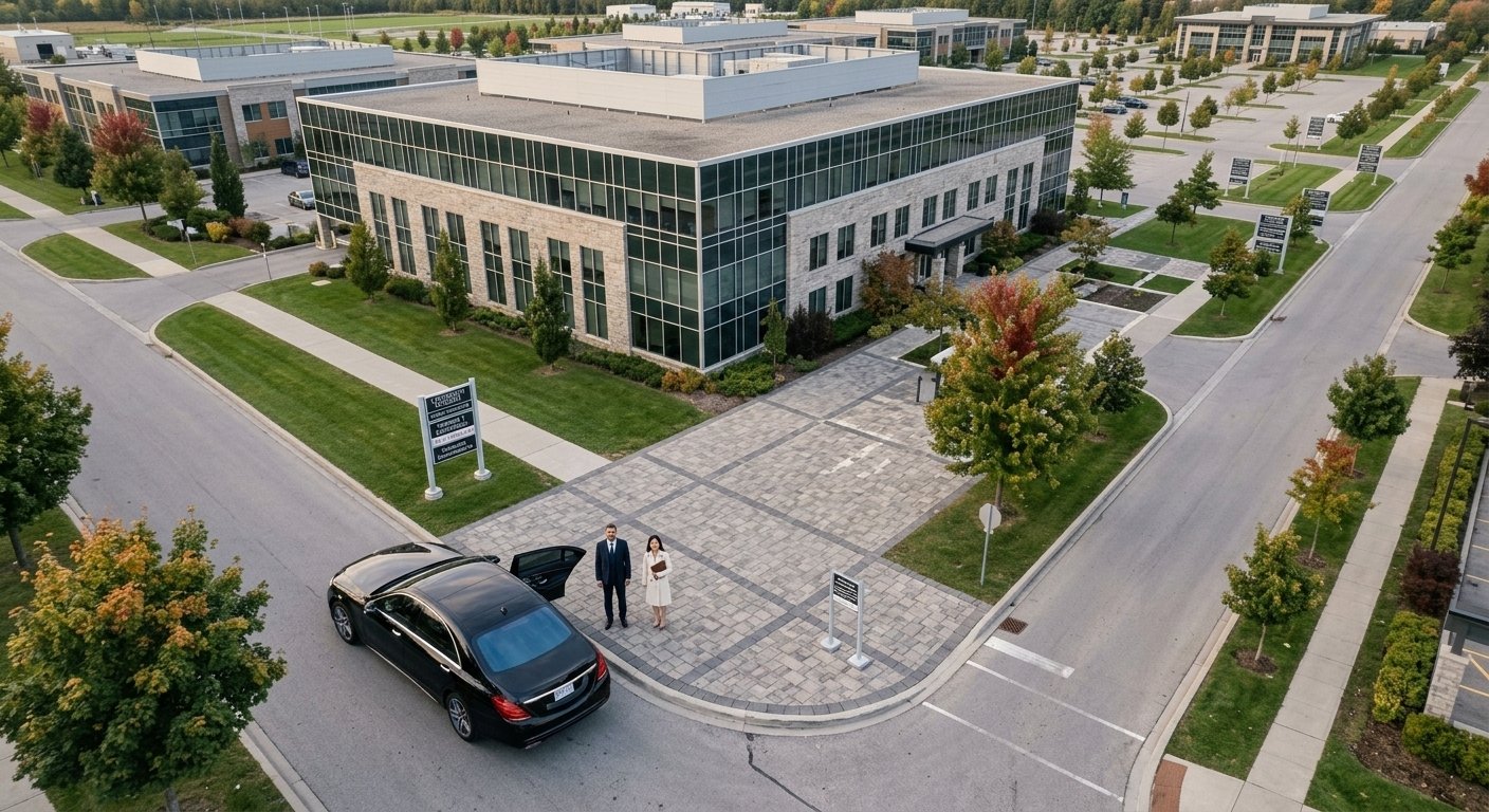 Chauffeur greeting a passenger boarding a vehicle for a luxury Whitby to Pearson airport limousine transfer.