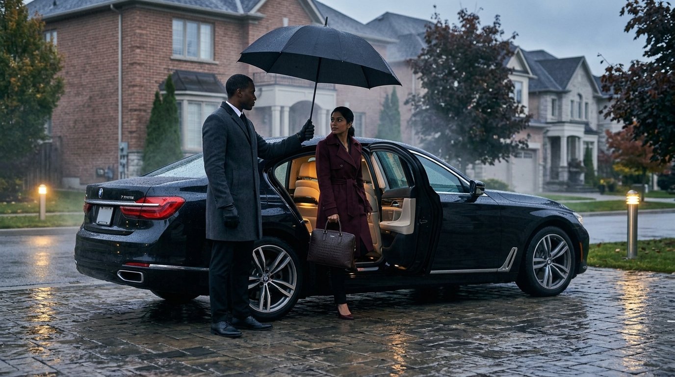 Chauffeur holding an umbrella for a passenger boarding a luxury Whitby to Pearson airport limousine in the rain.