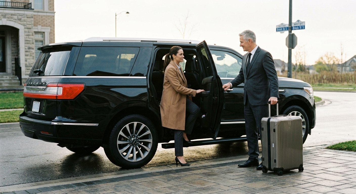 A professional chauffeur assisting an executive passenger boarding a Whitby to Pearson airport limousine at dawn.