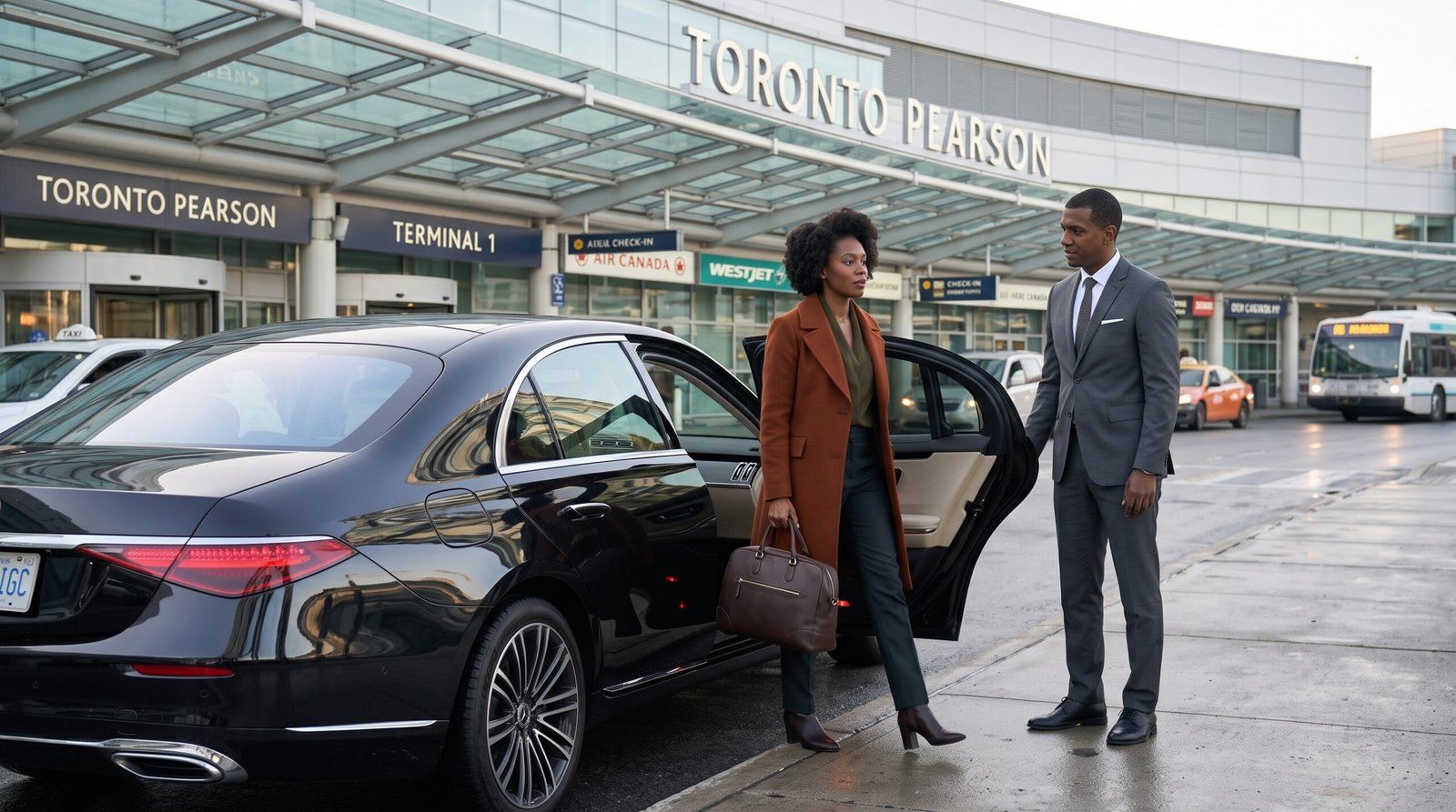 Professional chauffeur greeting a passenger beside an executive black vehicle for a Whitby to Pearson airport limousine transfer.