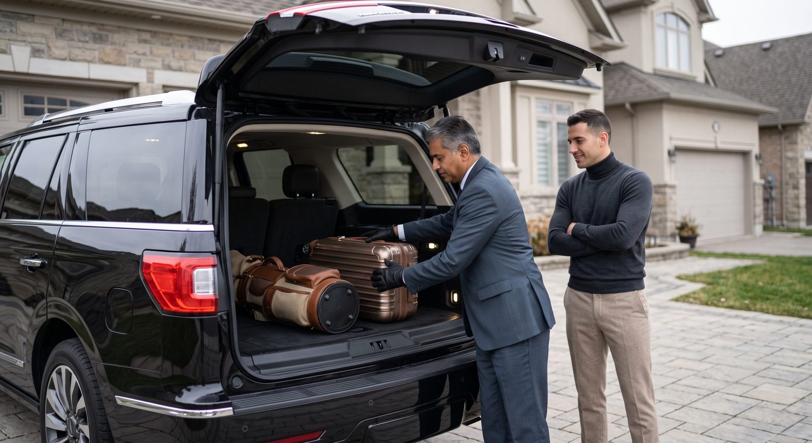 Chauffeur carefully loading luggage into the rear boot for transparent Whitby to Pearson airport limousine prices.