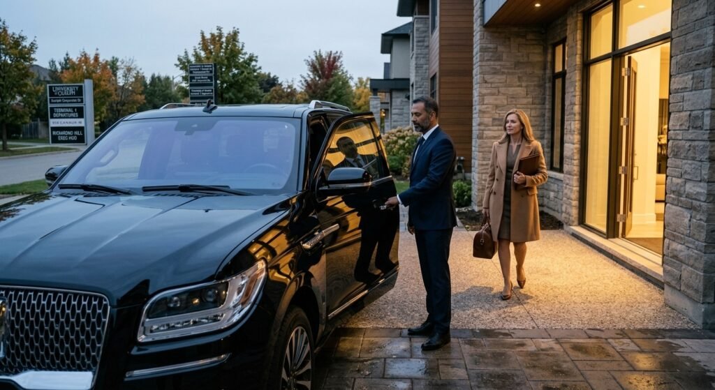 Professional chauffeur welcoming a passenger into an executive SUV reflecting clear Whitby to Pearson airport limousine prices.