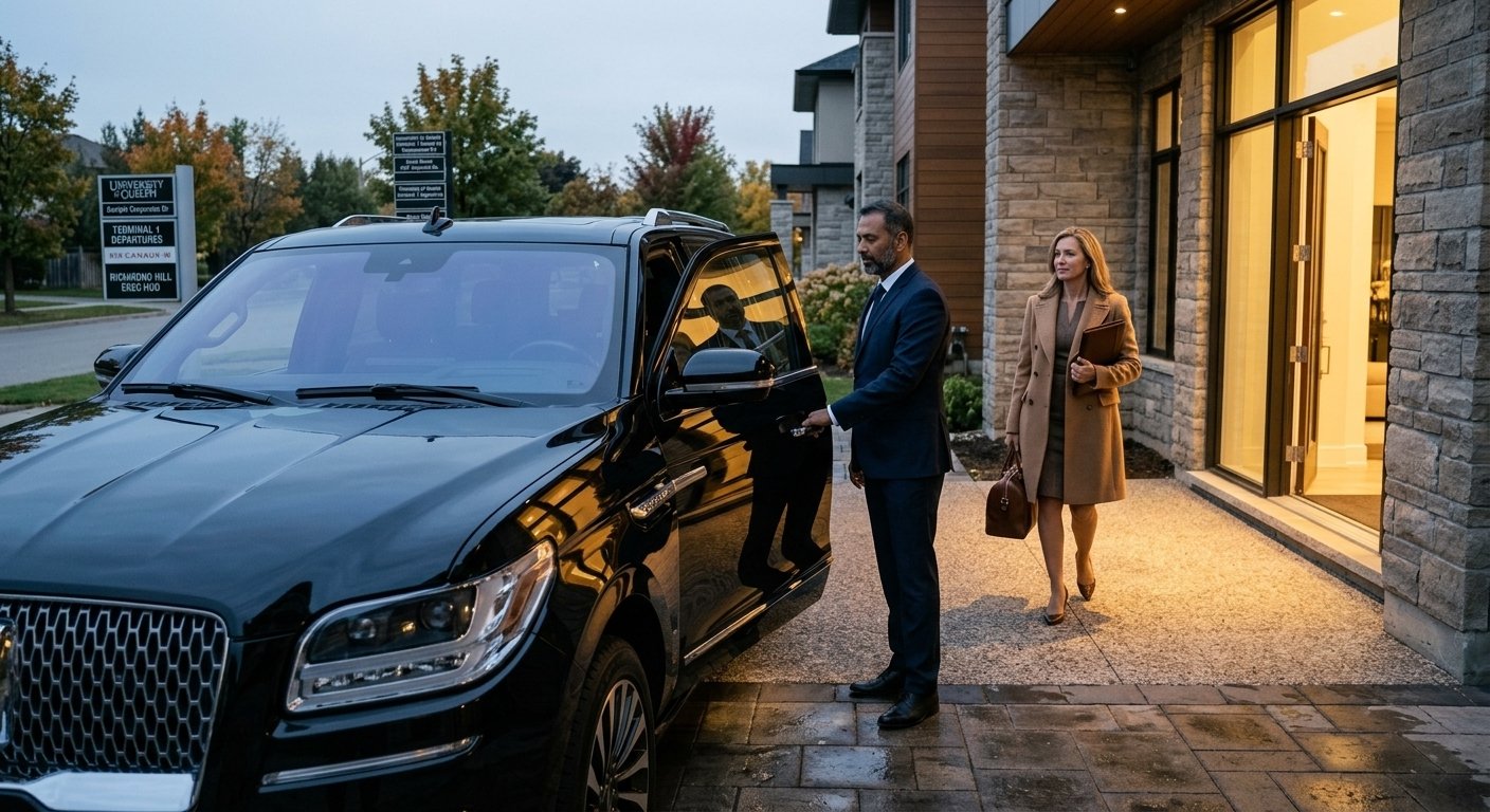 Professional chauffeur welcoming a passenger into an executive SUV reflecting clear Whitby to Pearson airport limousine prices.