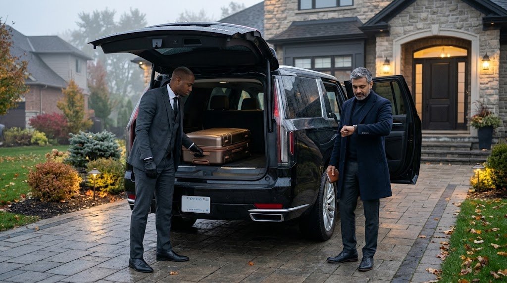 Chauffeur assisting an executive passenger with luggage for an Oshawa to Pearson limo airport transfer.