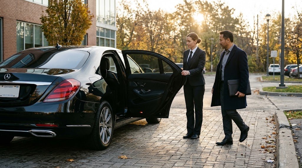 Executive traveller entering a premium Oshawa to Pearson limo at sunrise.