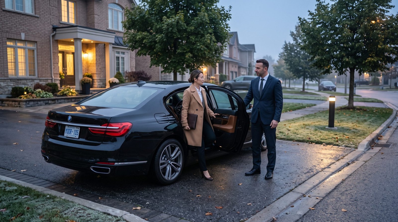Chauffeur greeting an executive traveller for an Oshawa to Pearson limo transfer at dawn.