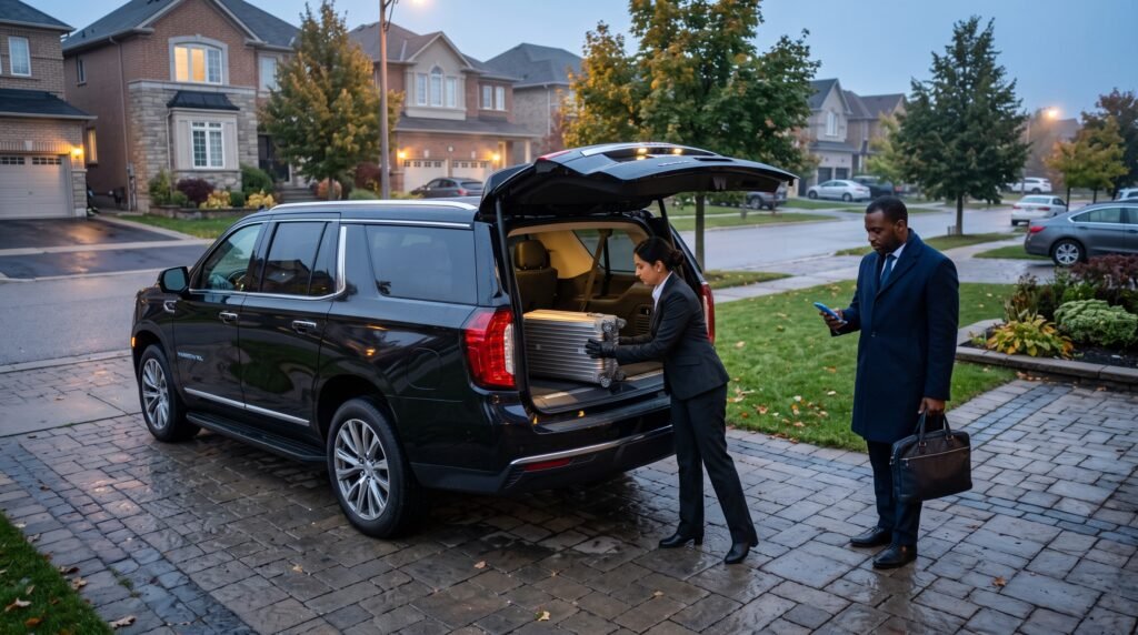 Chauffeur loading luggage into an executive SUV for an Oshawa to Pearson limo transfer.