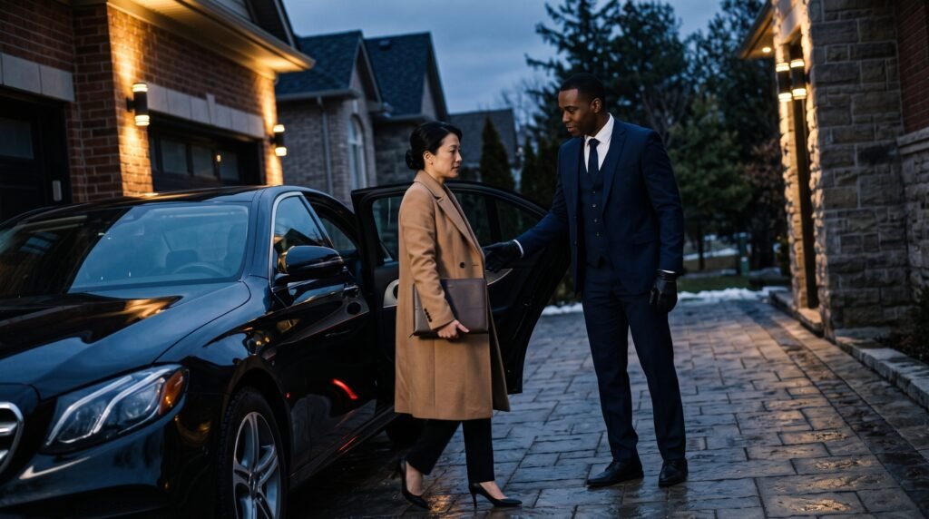 Professional chauffeur escorting an executive passenger to a Durham Region airport limo at dusk.