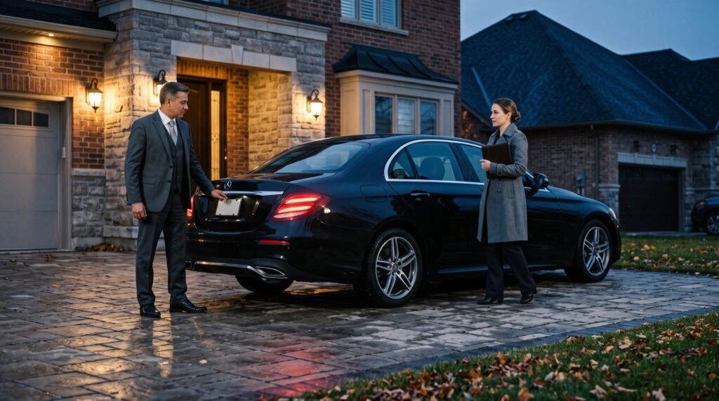 Professional chauffeur assisting an executive passenger into an Oshawa to Pearson limo at sunrise.